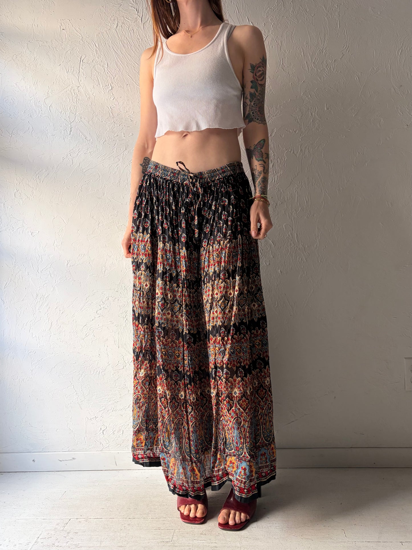 90s 'Emblem' Patterned Cotton Boho Hippie Maxi Skirt / Medium