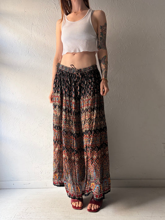 90s 'Emblem' Patterned Cotton Boho Hippie Maxi Skirt / Medium