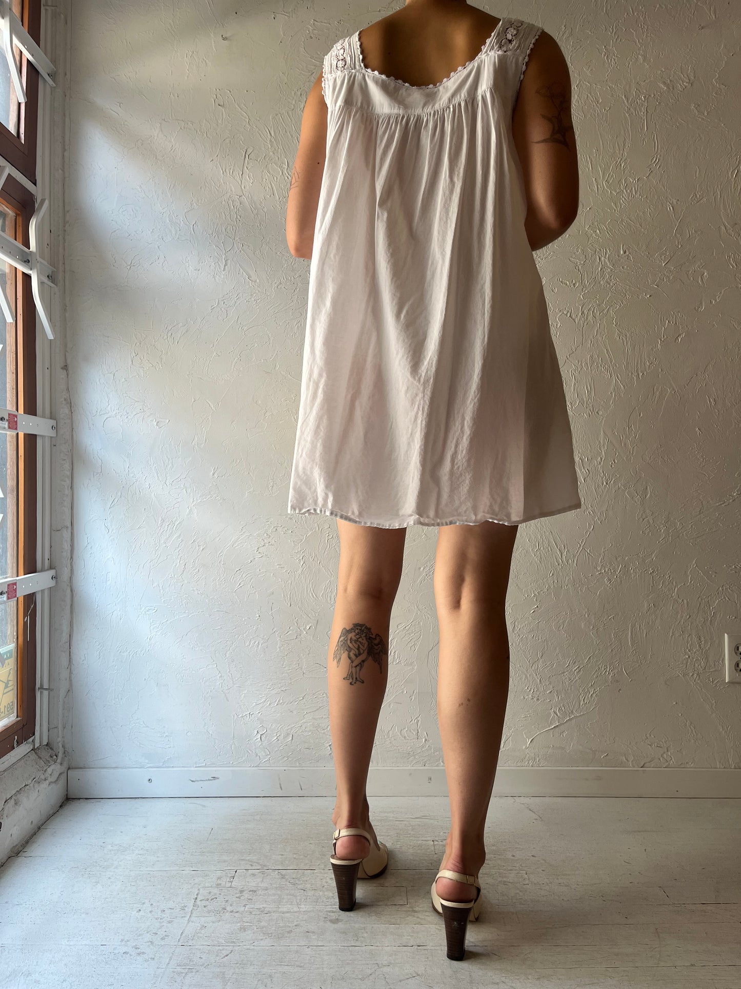 Vintage 'Eileen West' White Lace Cotton Mini Dress / Medium