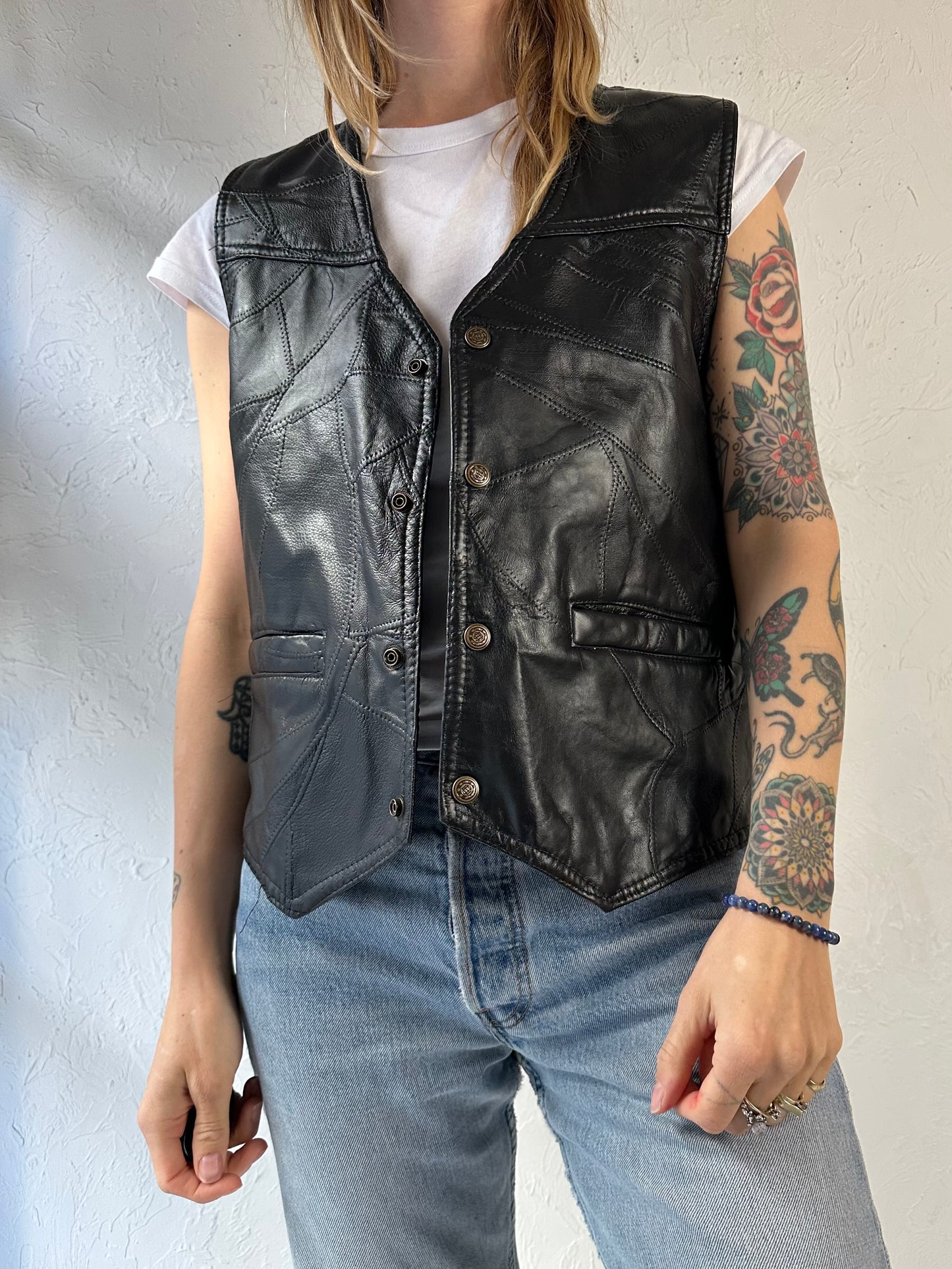 90s ‘American Unique’ Black Leather Patchwork Vest / Small