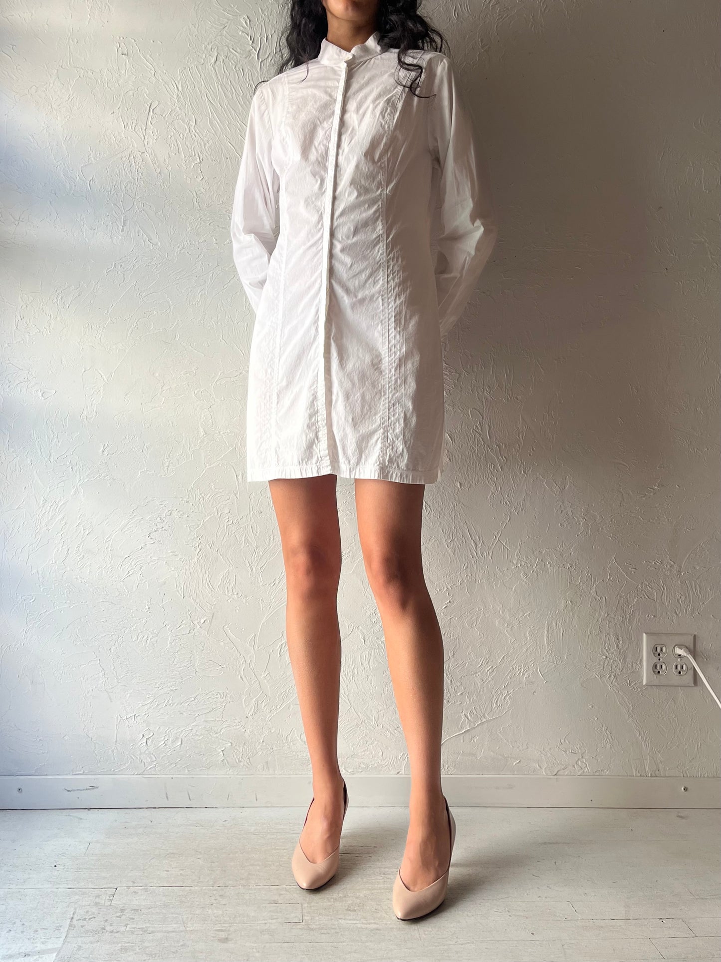 90s 'Le Chateau' White Long Sleeve Mini Dress / Large