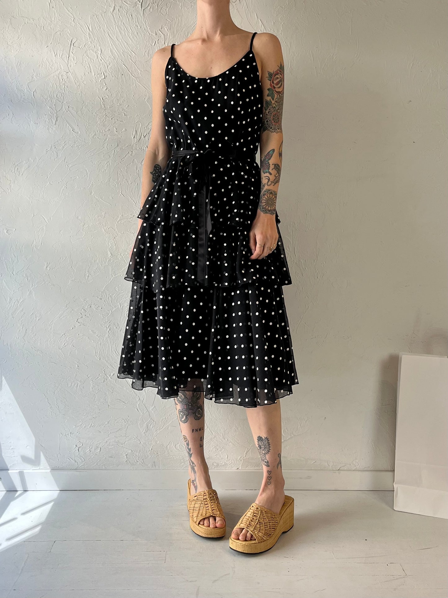 90s 'JB' Black Polka Dot Ruffle Dress / Small