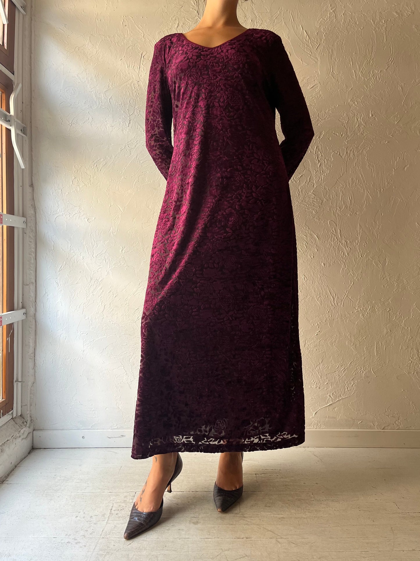 90s 'Moda Intl' Burgundy Burnt Velvet Maxi Dress / Large
