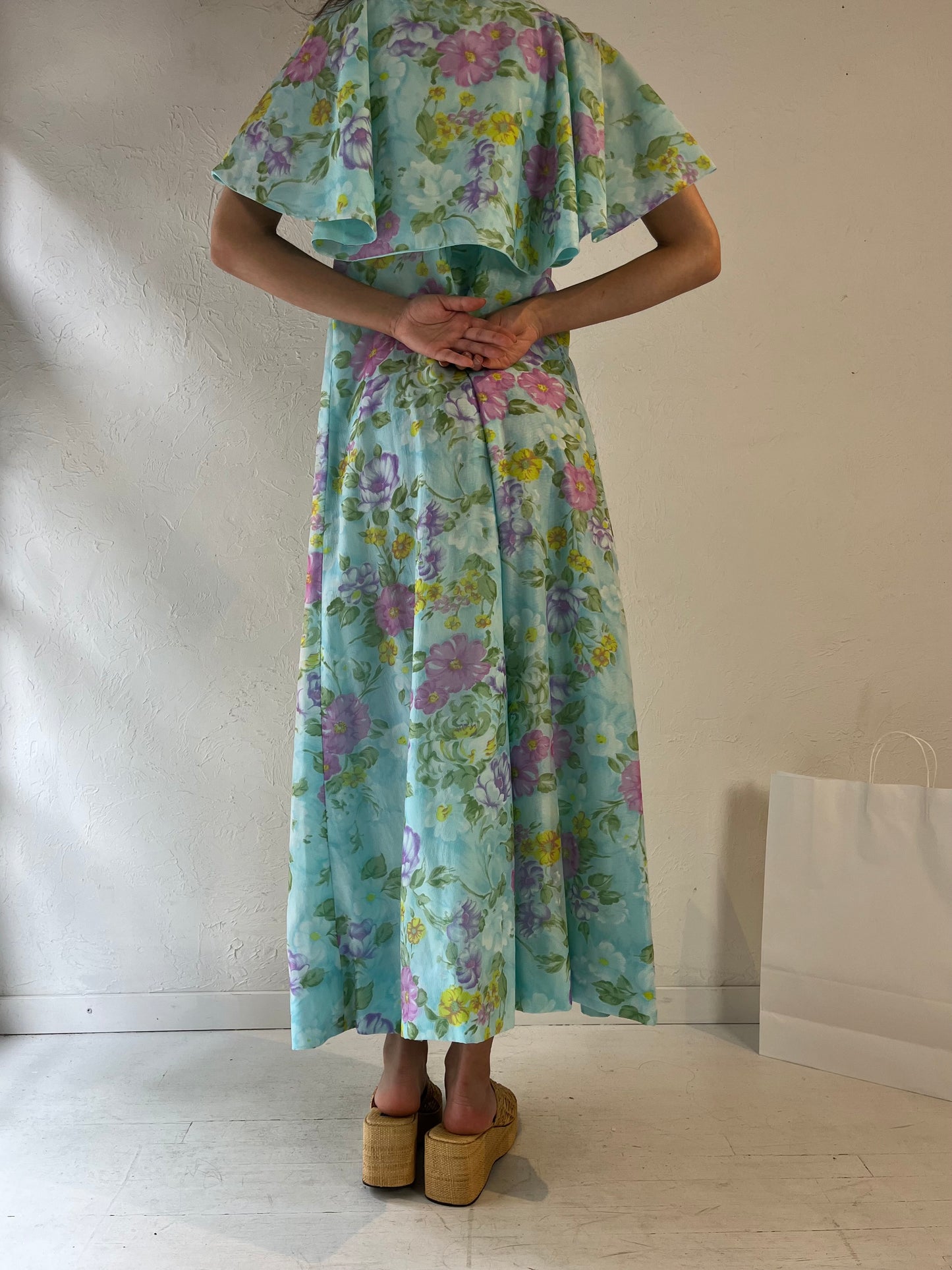 70s Handmade Blue Floral Kaftan Dress / Medium