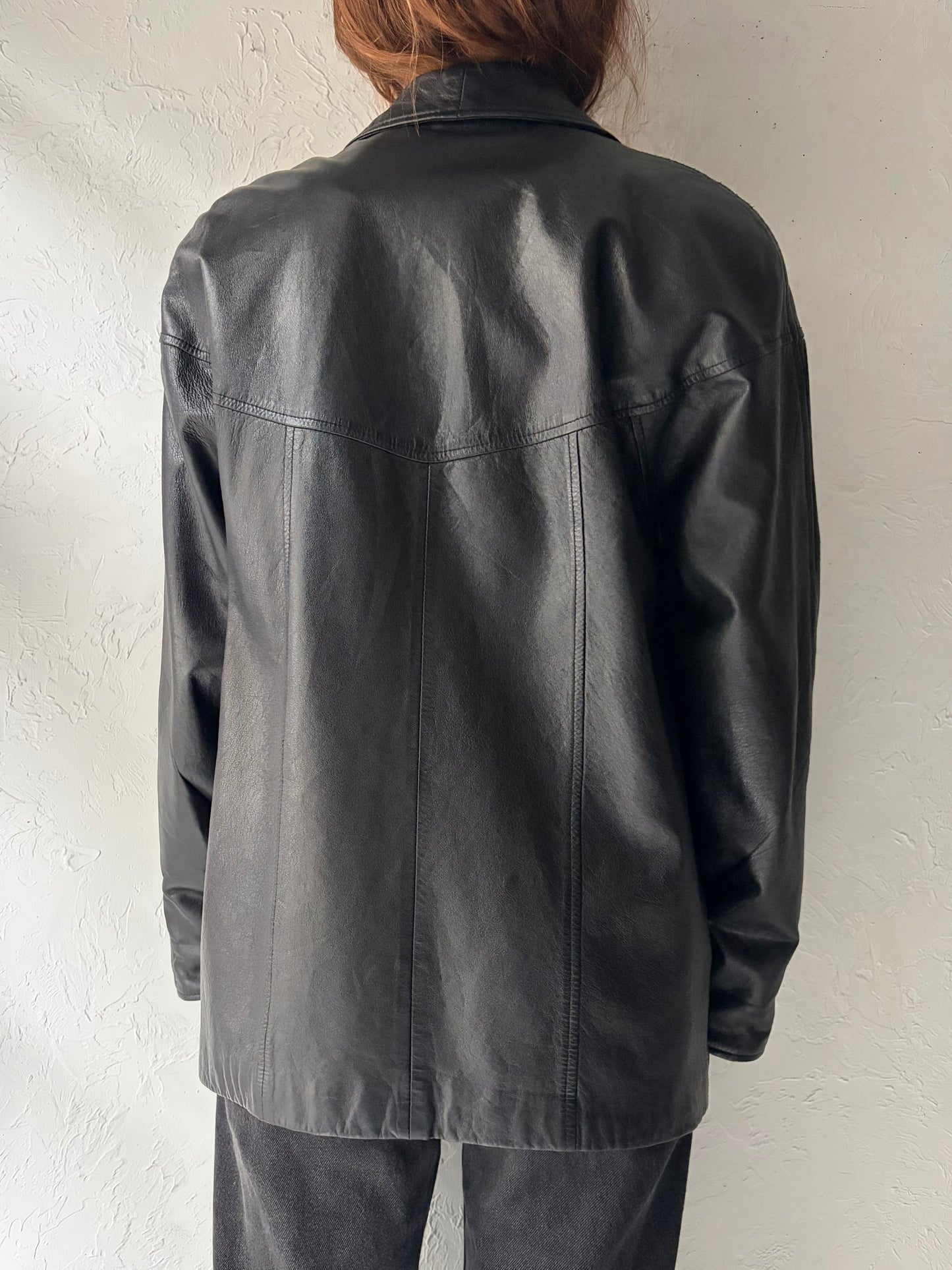 80s' Ronnie De Vinci' Black Minimalist Leather Jacket / Medium