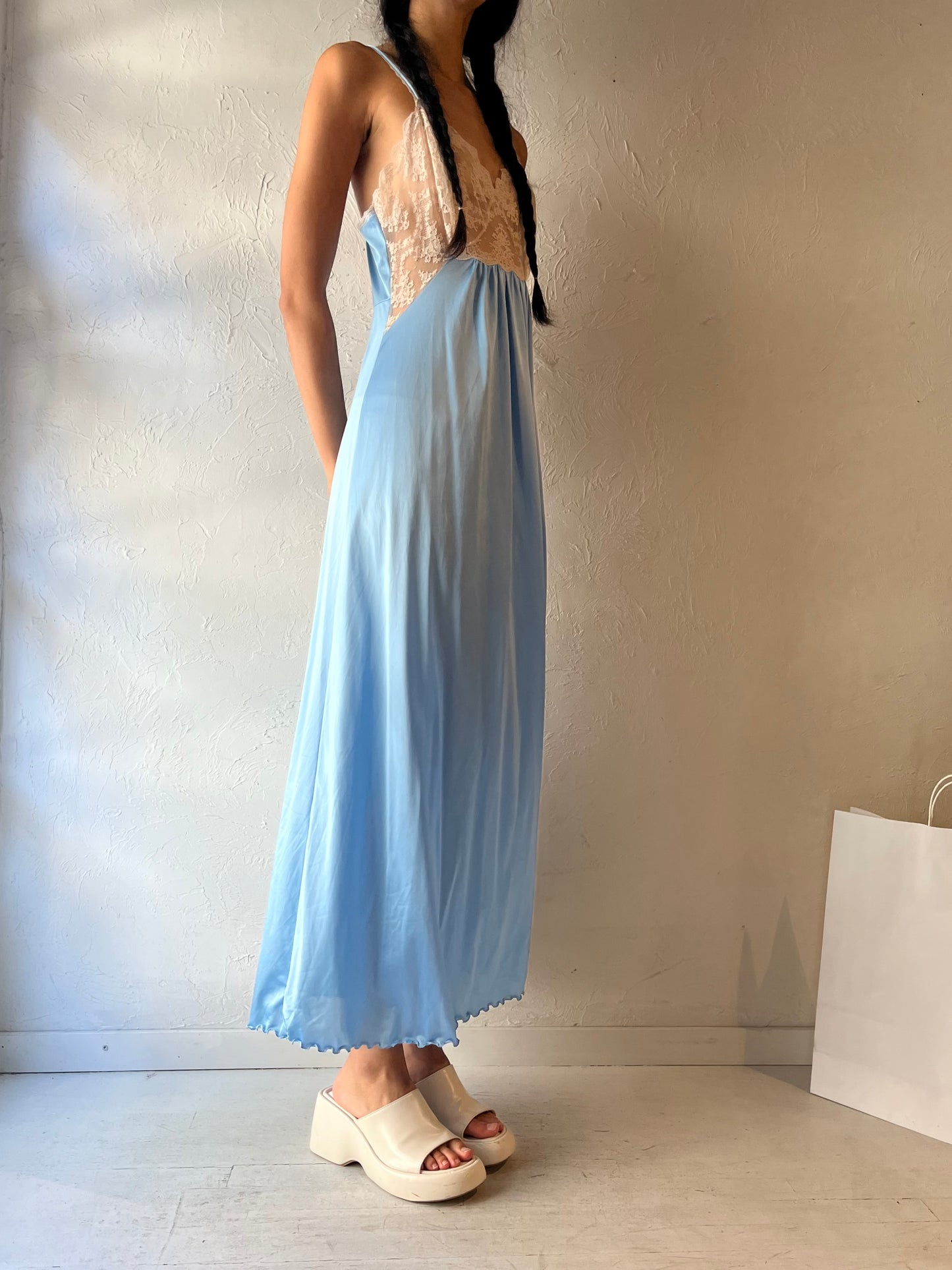 80s 'Van Realt' Blue Lacey Lingerie Slip Dress / Small