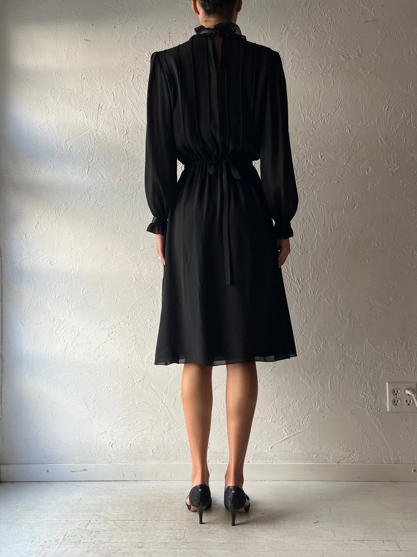 80s 'Coroma' Black Long Sleeve Midi Dress / Medium