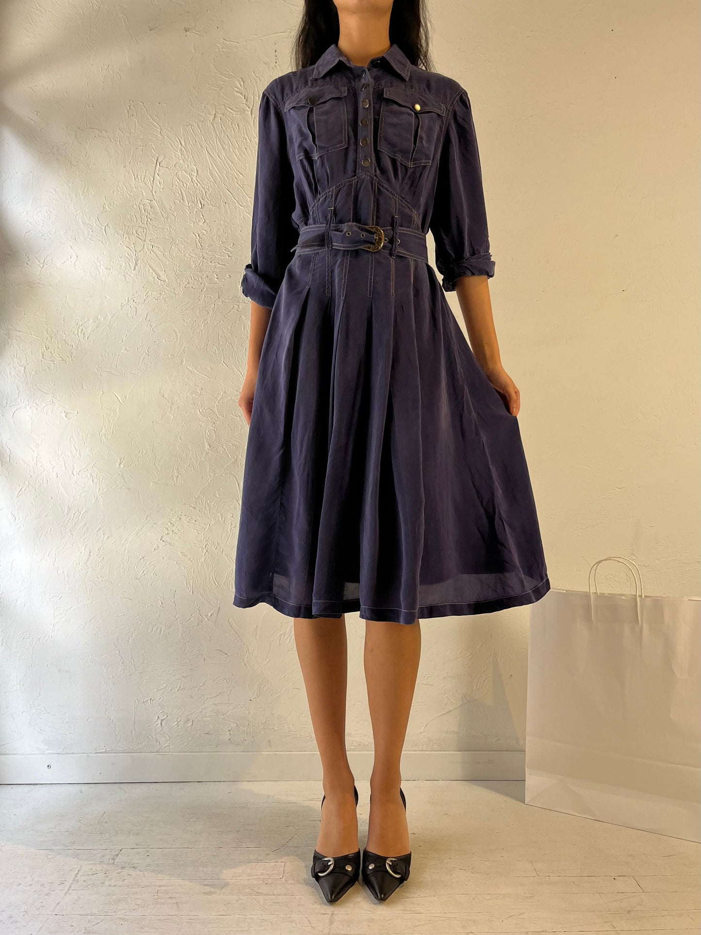 80s 'Karen Alexander' Navy Blue Silk Dress / Small