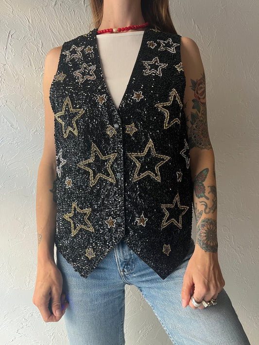 90s 'Papillon' Black Sequin Star Vest / Medium