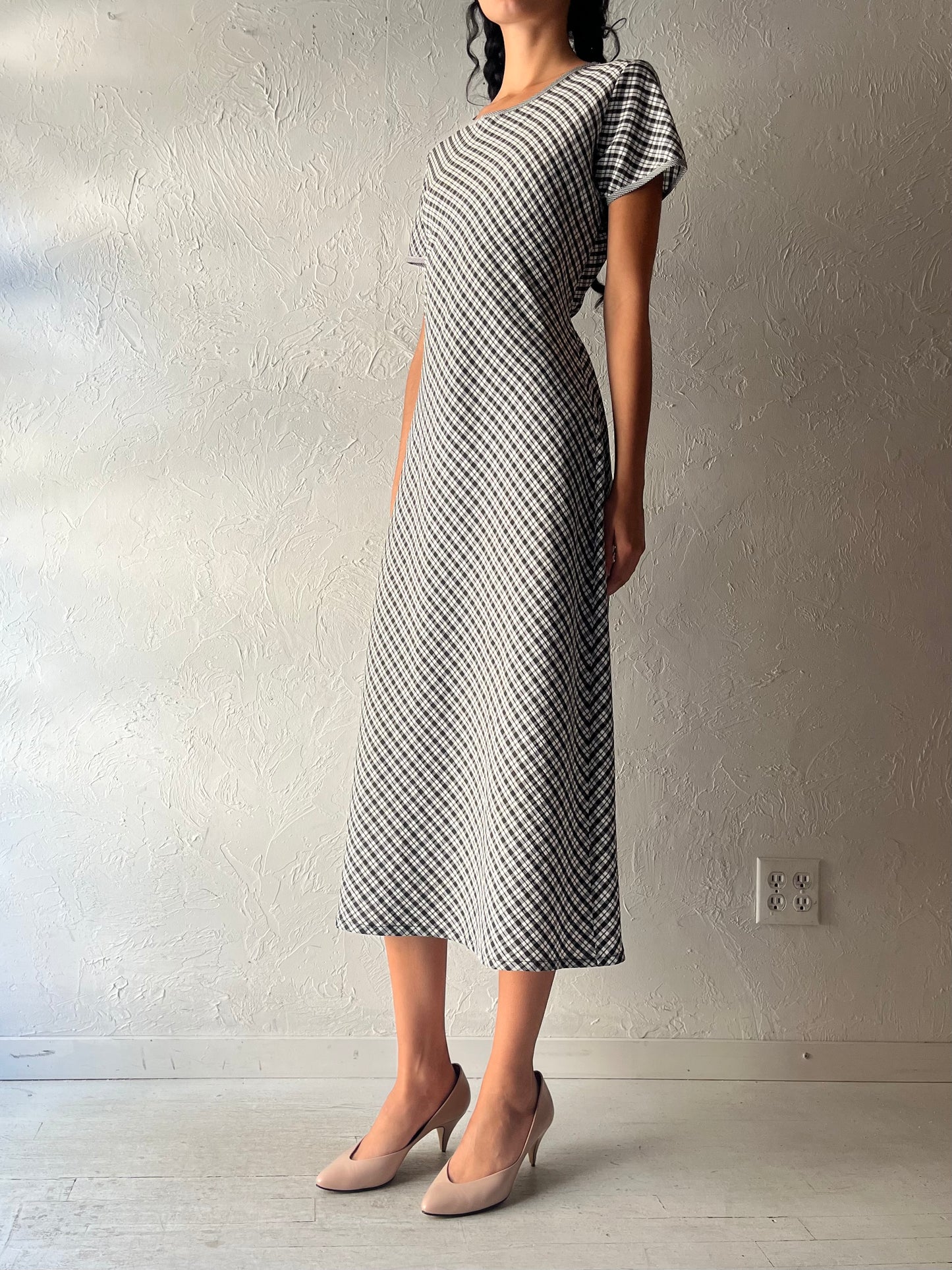 70s 'Gardor' Plaid Retro Midi Dress / Medium