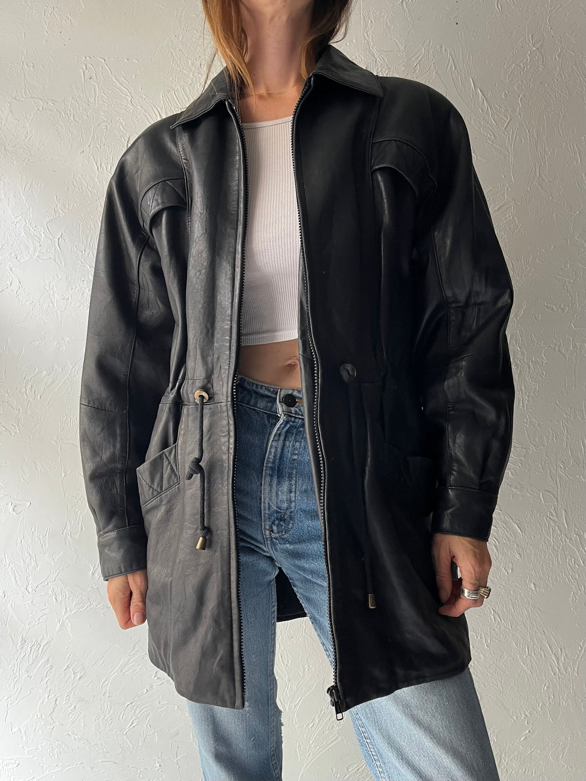 90s 'Danier' Drawstring Black Leather Jacket / XXS