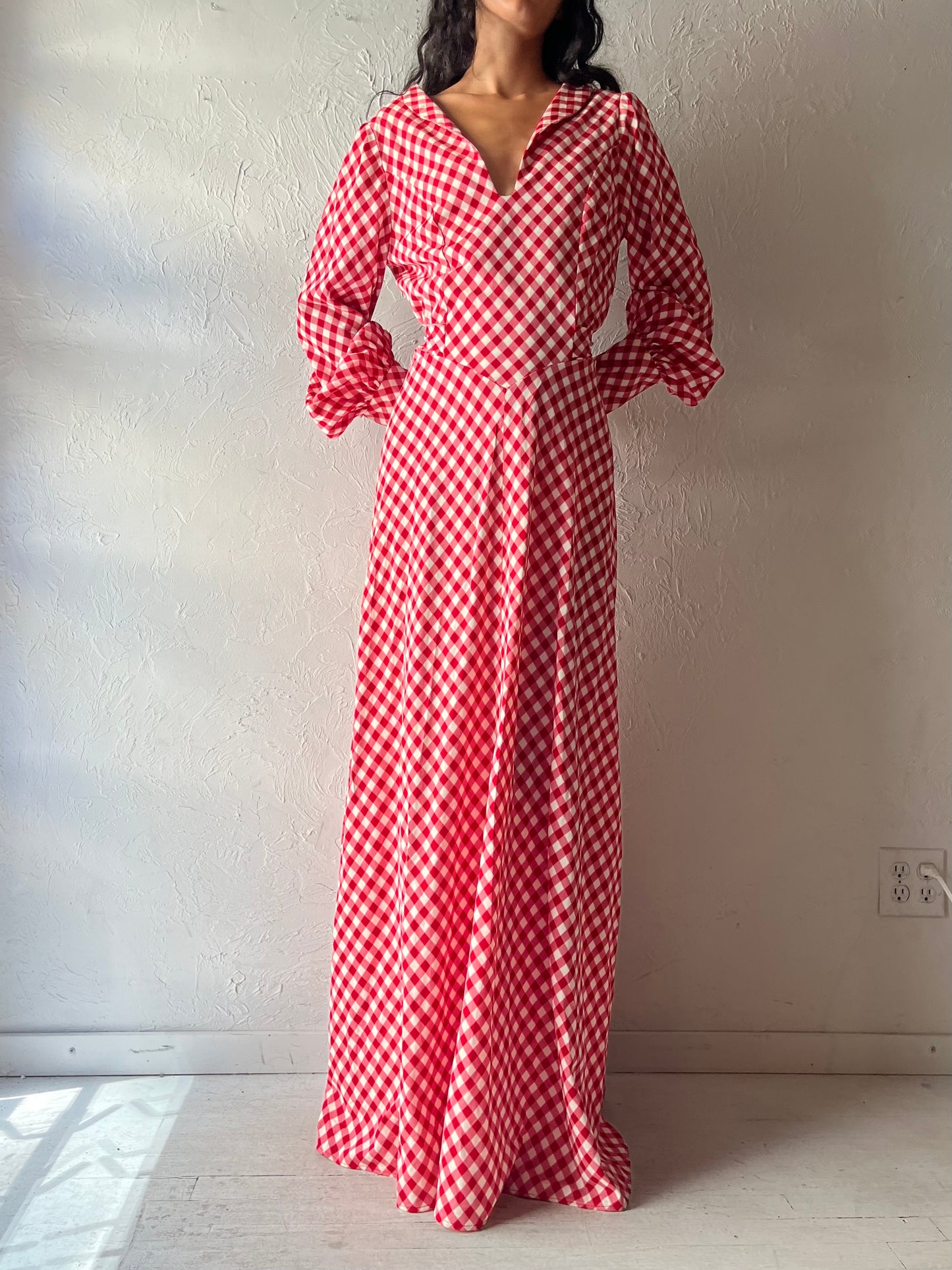 Vintage Red Gingham Long Sleeve Maxi Dress / Medium