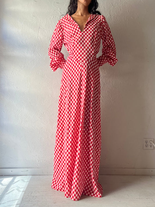 Vintage Red Gingham Long Sleeve Maxi Dress / Medium