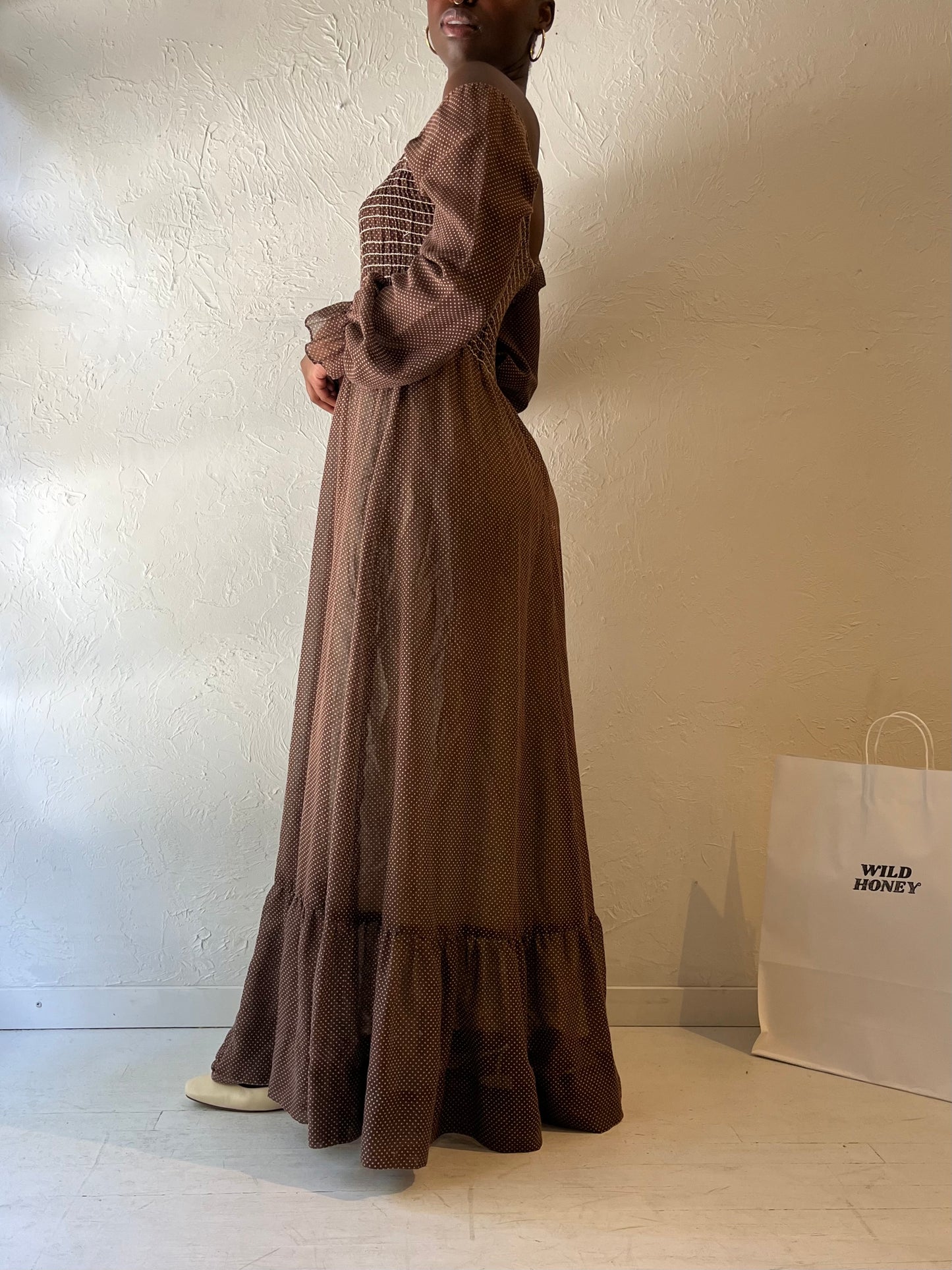 Vintage Handmade Brown Polka Dot Maxi Dress / Medium