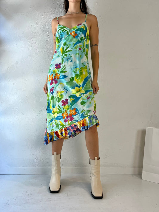 90s 'Jams World' Blue Floral Print Rayon Dress / Large