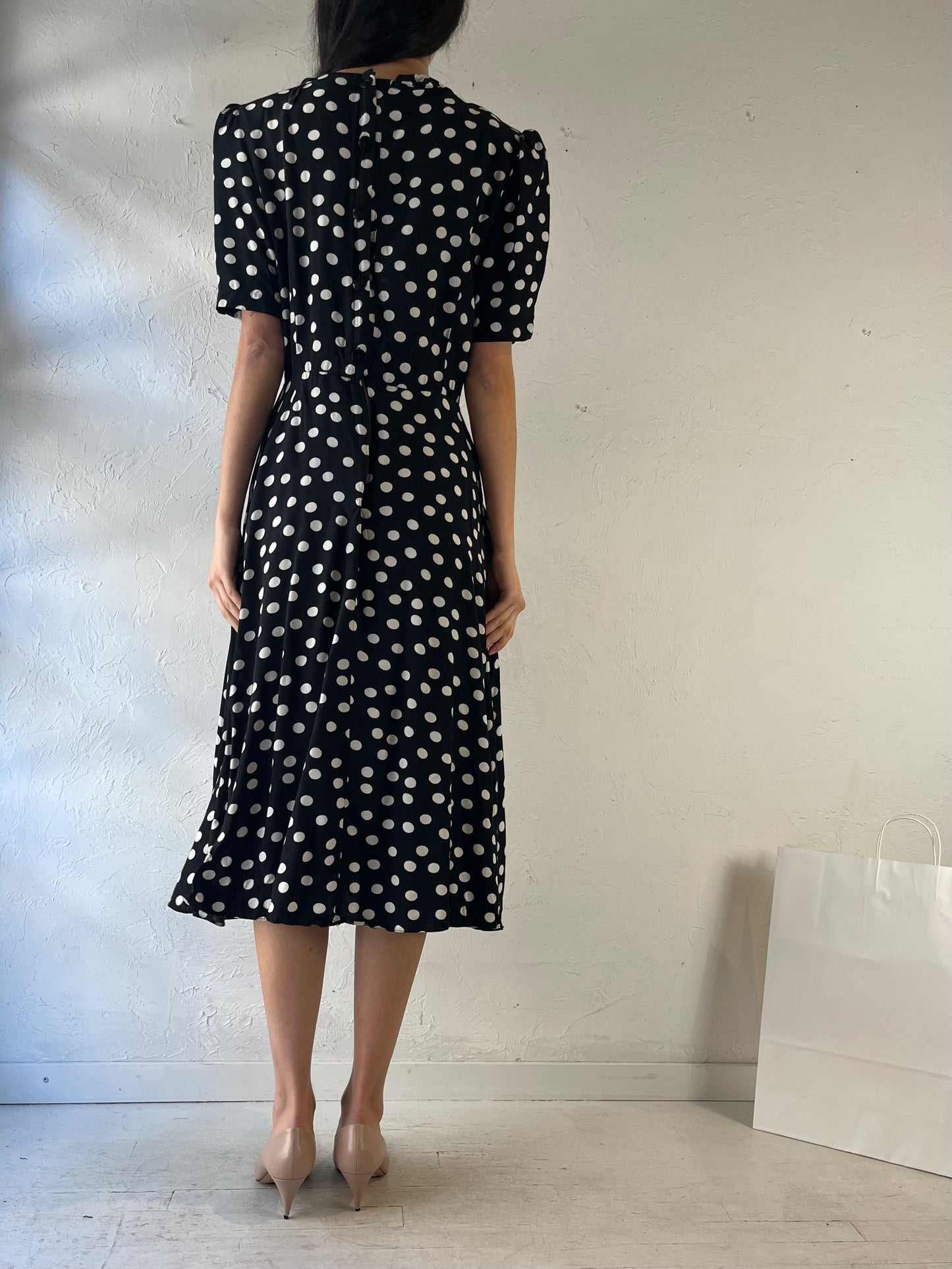 80s Black Polka Dot Dress / Small - Medium