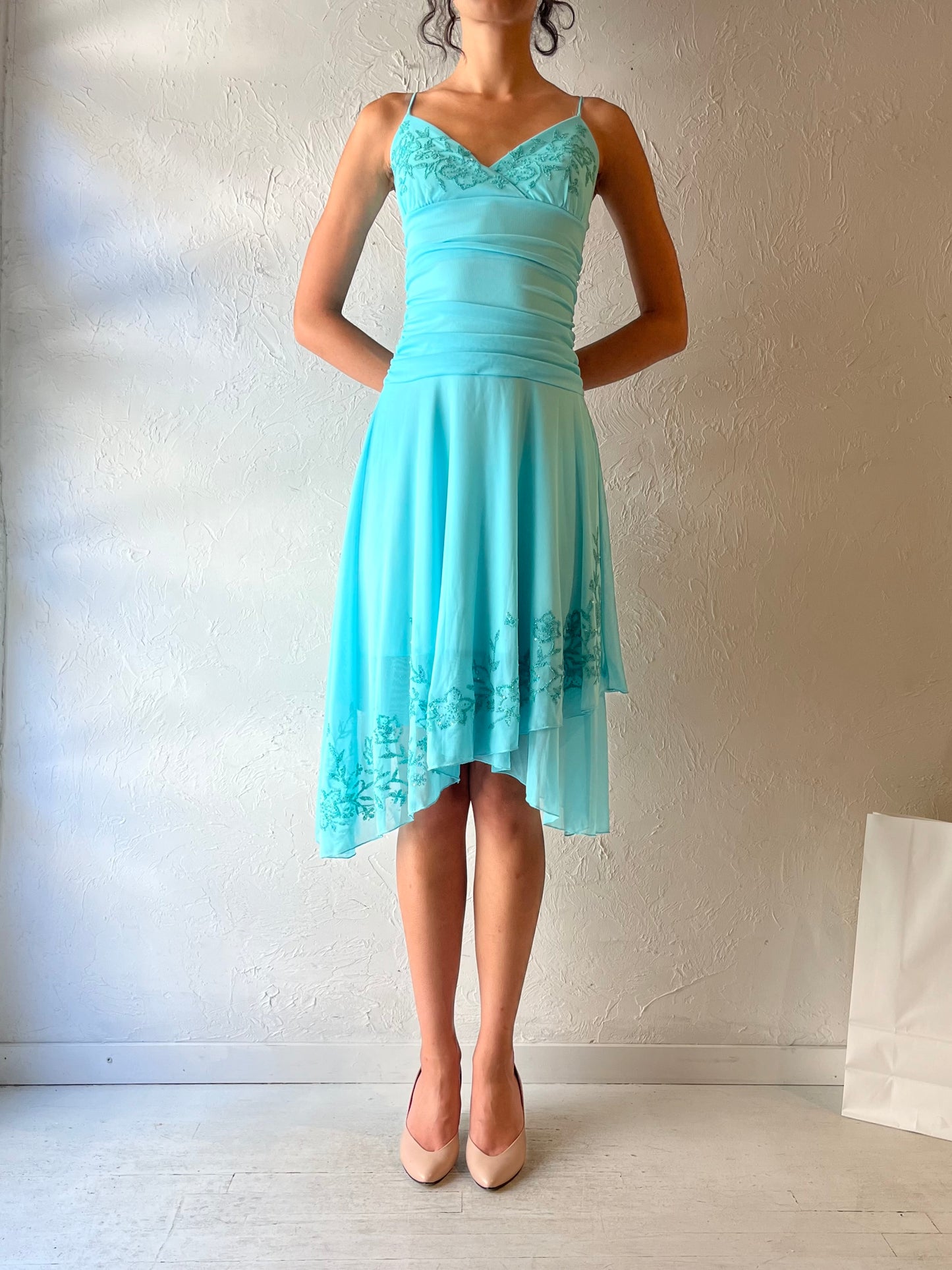 Y2k Beaded Blue Asymmetrical Dress / Small