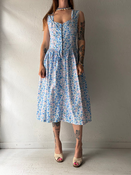 90s 'Mikado' Blue Floral Spring Dress / Small