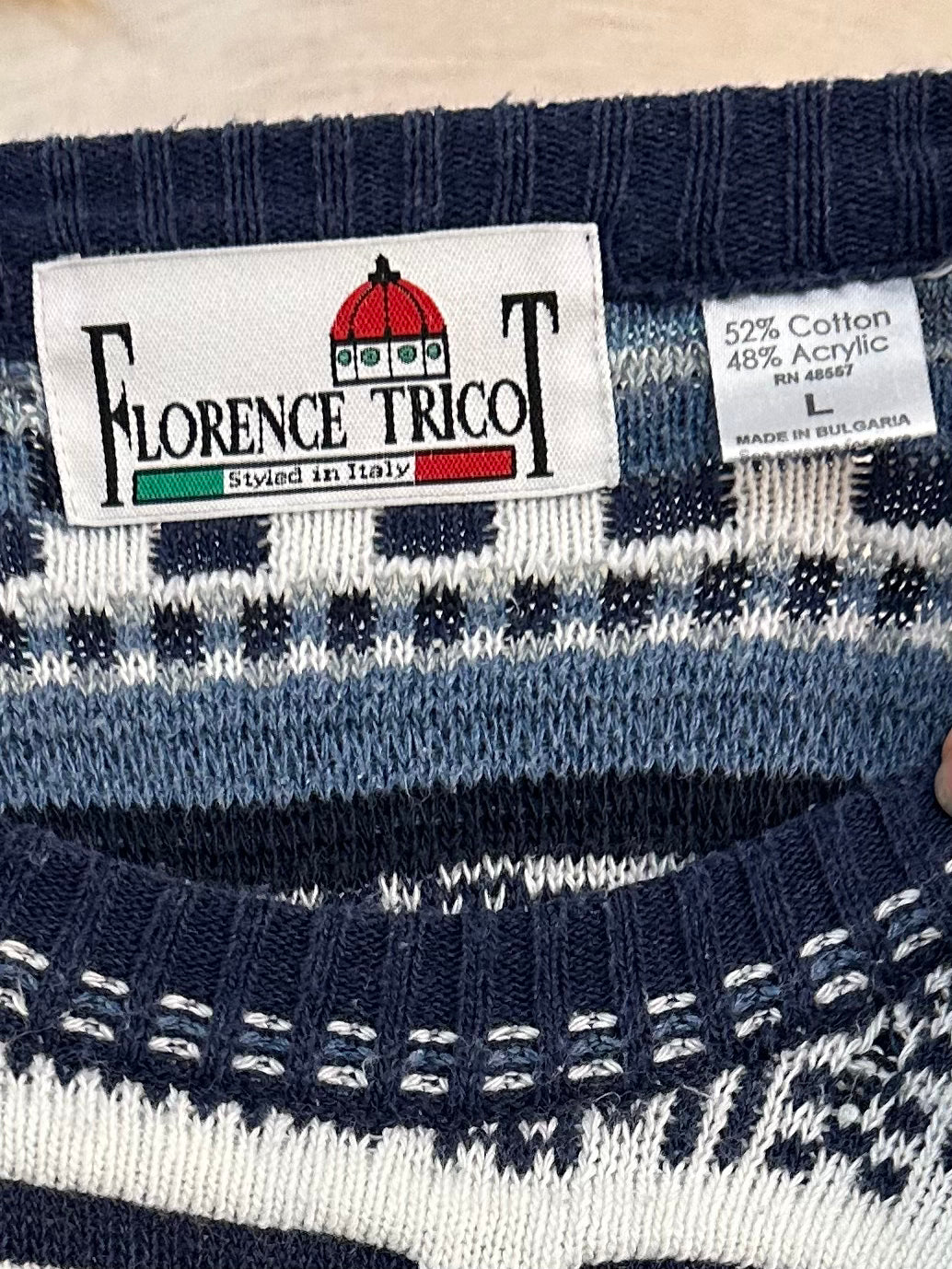 90s 'Florence Tricot' Blue Coogie Style Cotton Acrylic Knit Sweater / Large
