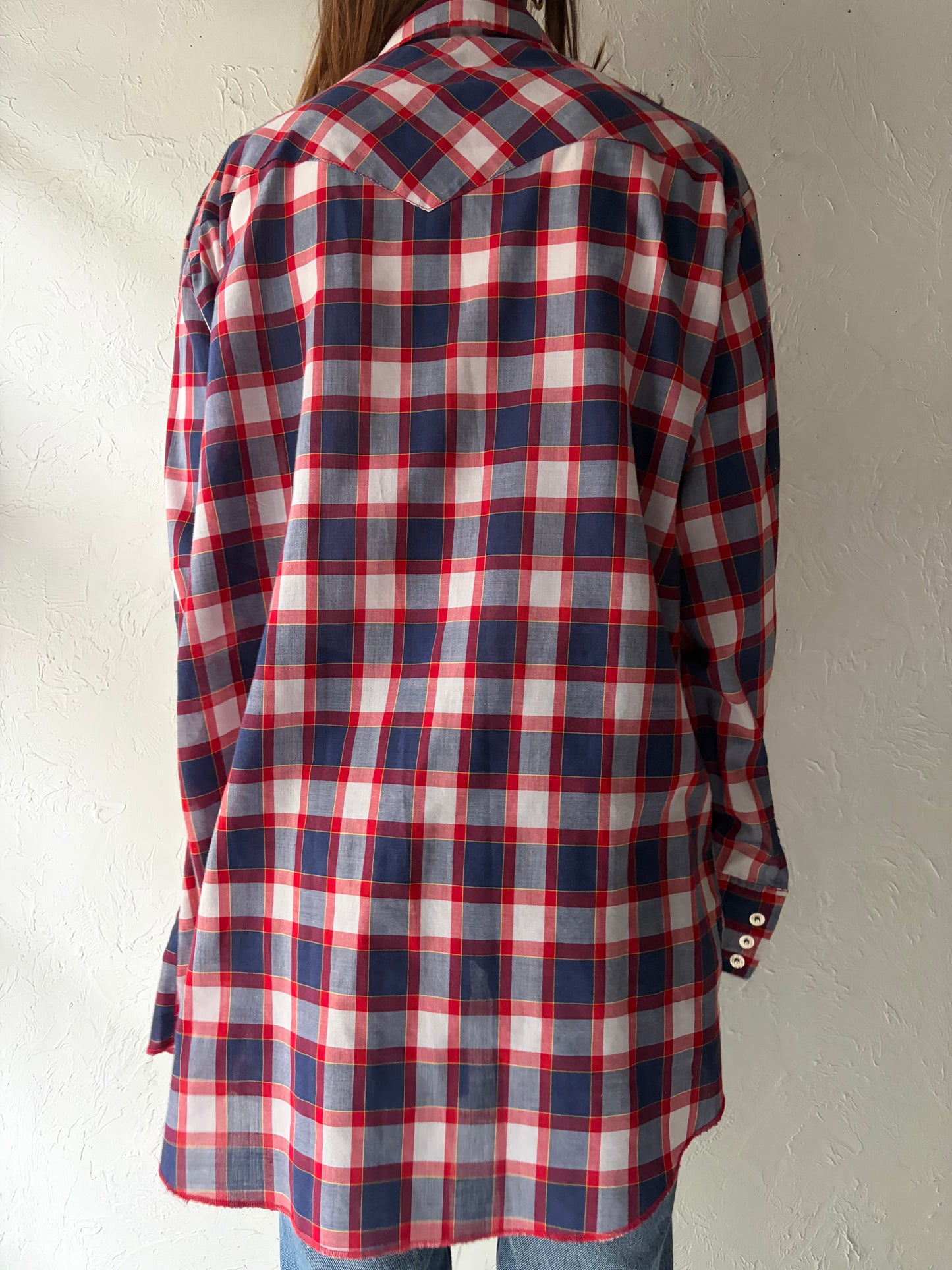 90s 'MWG' Blue Plaid Western Snap Up Shirt / Vintage 1990s Cowboy Workwear Shirt / Large