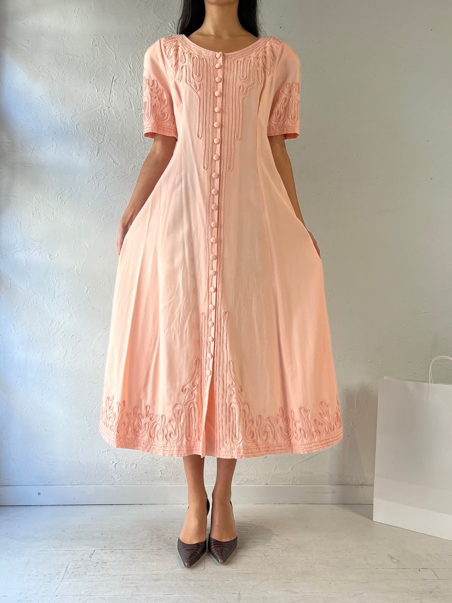 90s ‘Sarah Elizabeth’ Peach Button Up Maxi Dress / Medium - Large