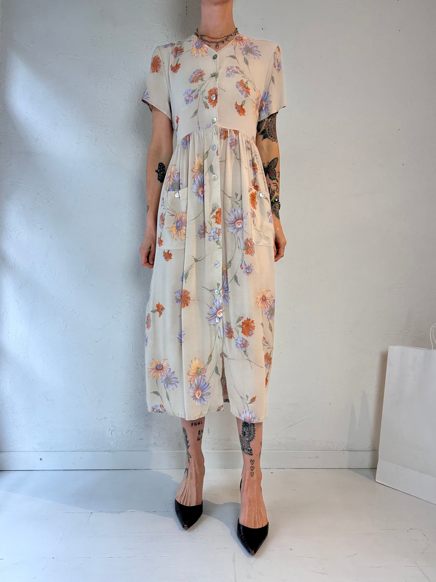 90s 'Coldwater Creek' Floral Rayon Dress / Medium