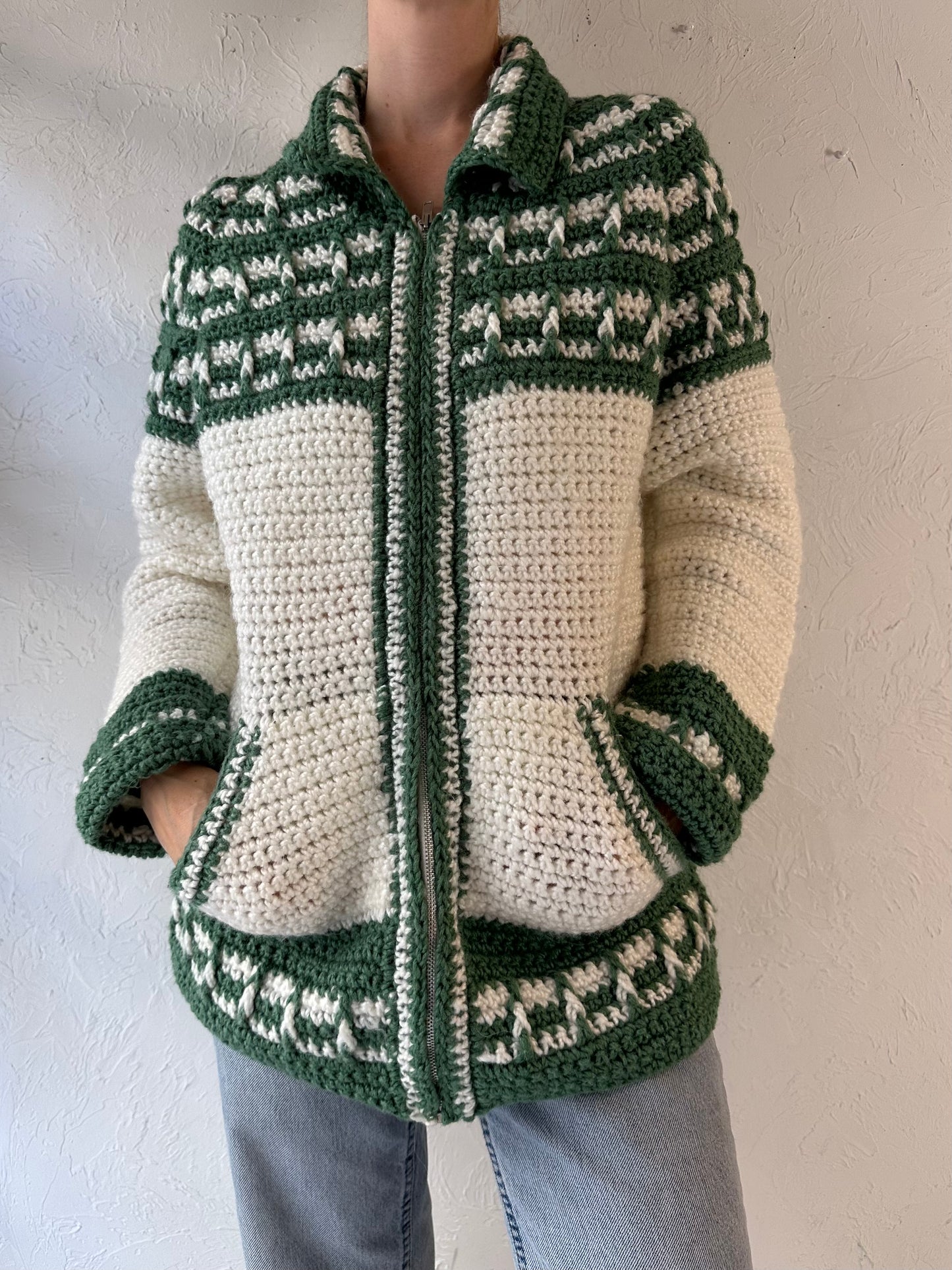 Vintage Hand Knit Green and White Acrylic Cardigan Sweater / Medium - Large