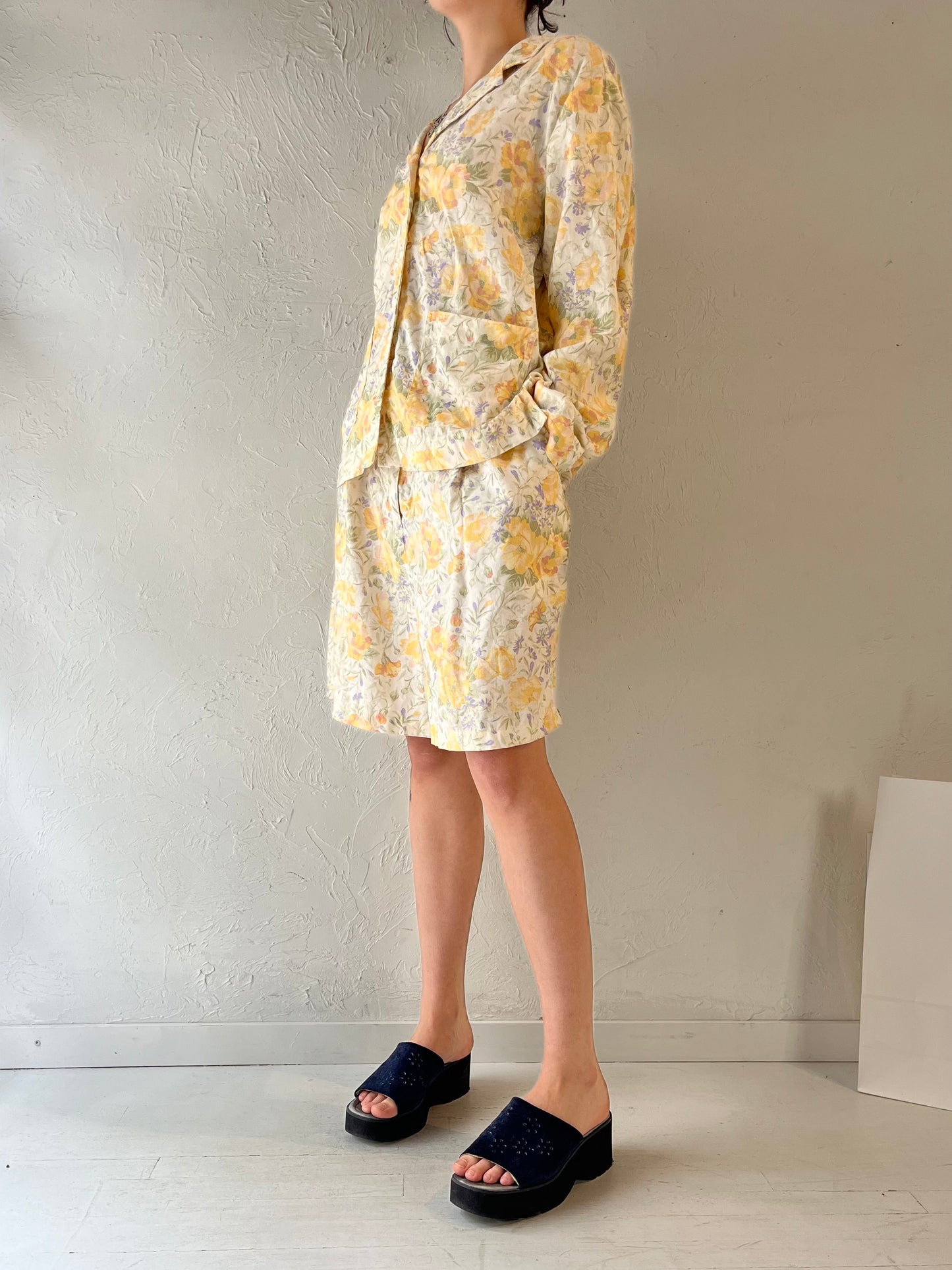 90s 'Jones Wear' Yellow Floral Linen Set / Large