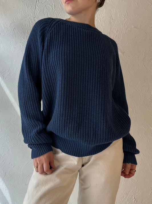 90s 'Club Europe' Blue Acrylic Knit Sweater / Medium