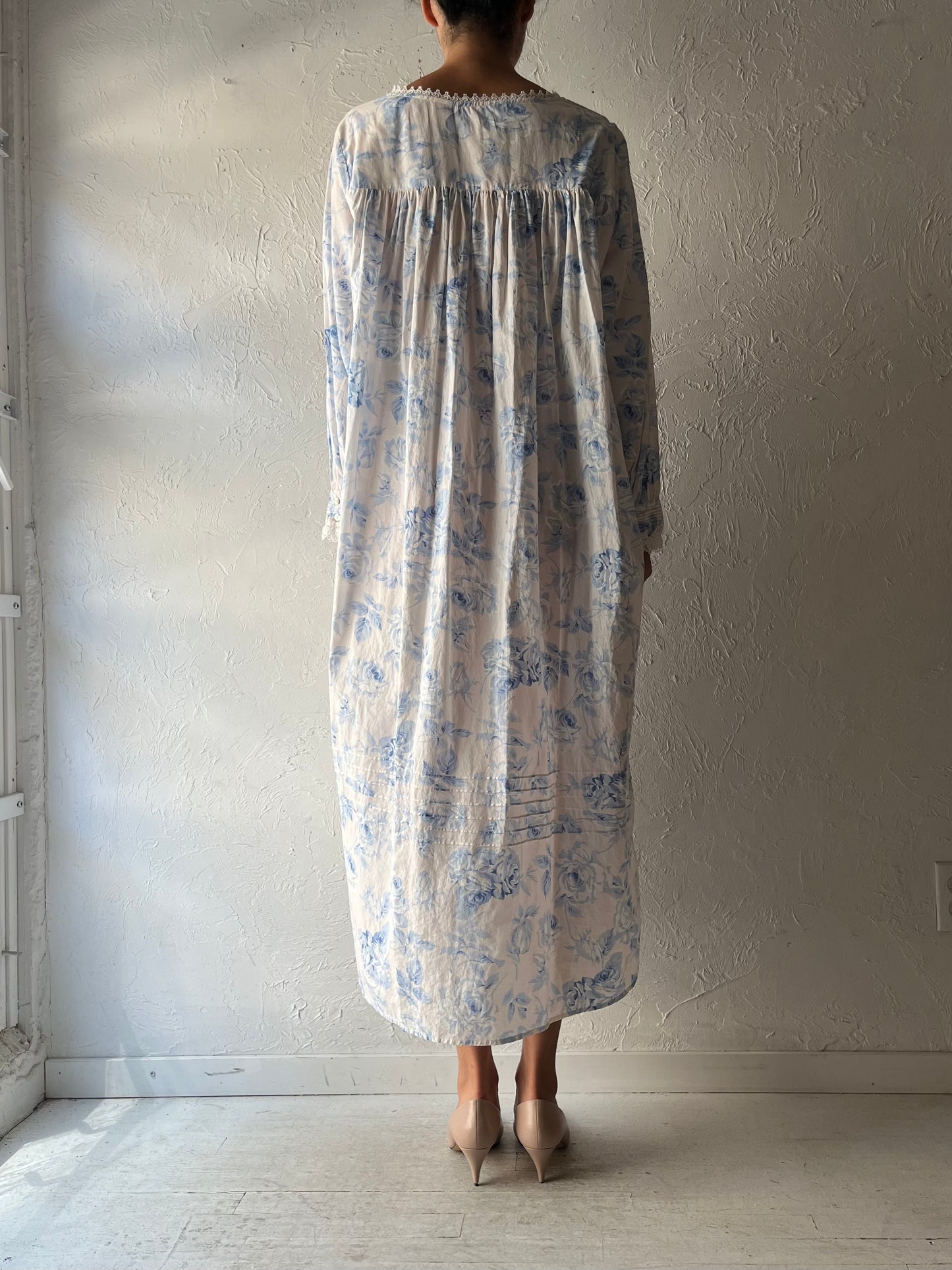 Y2k 'Eileen West' Blue Floral Button Up Cotton Maxi Dress / Large