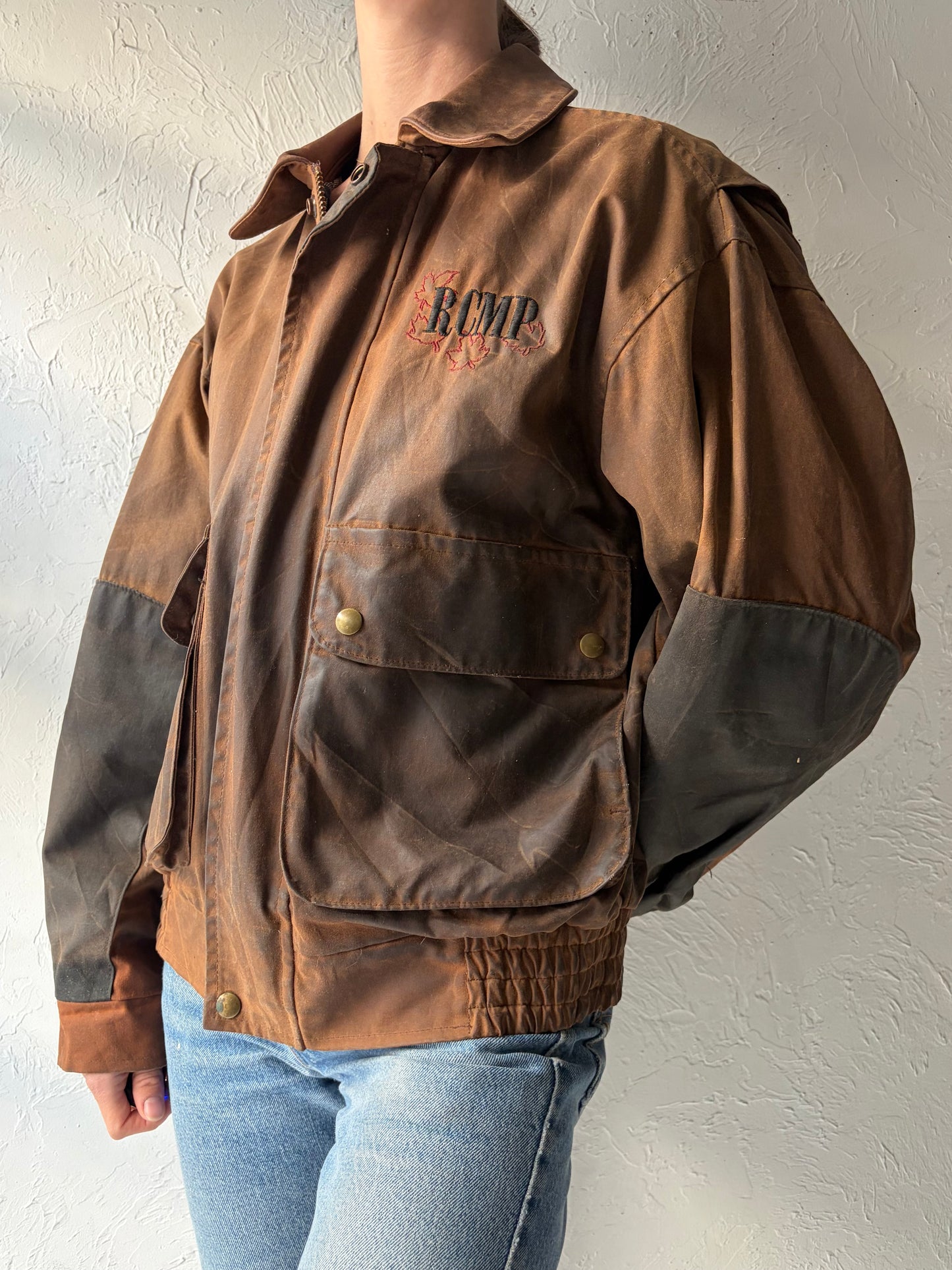 90s 'RCMP' Brown Waxed Workwear Bomber Jacket / Vintage 1990s Canadian Police Style Oilskin Canvas Utility Outerwear / Medium