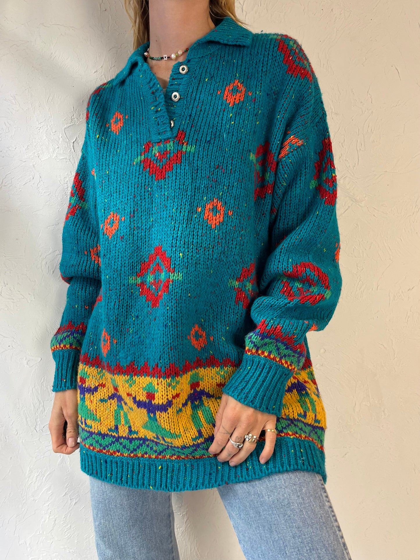 90s 'Liz Wear' Blue Patterned Acrylic Wool Sweater / Large