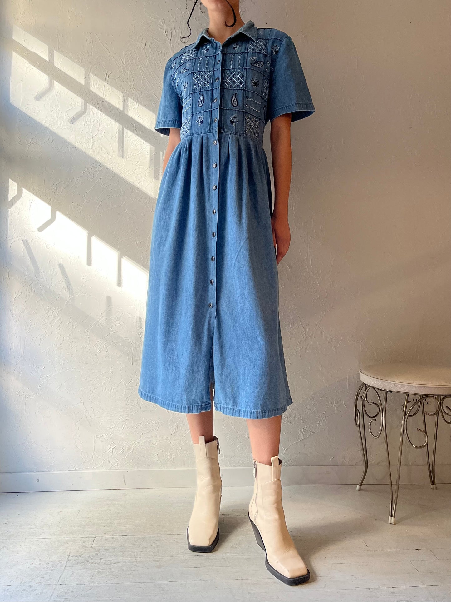 90s 'Traditions' Paisley Embroidered Denim Dress / Medium - Large