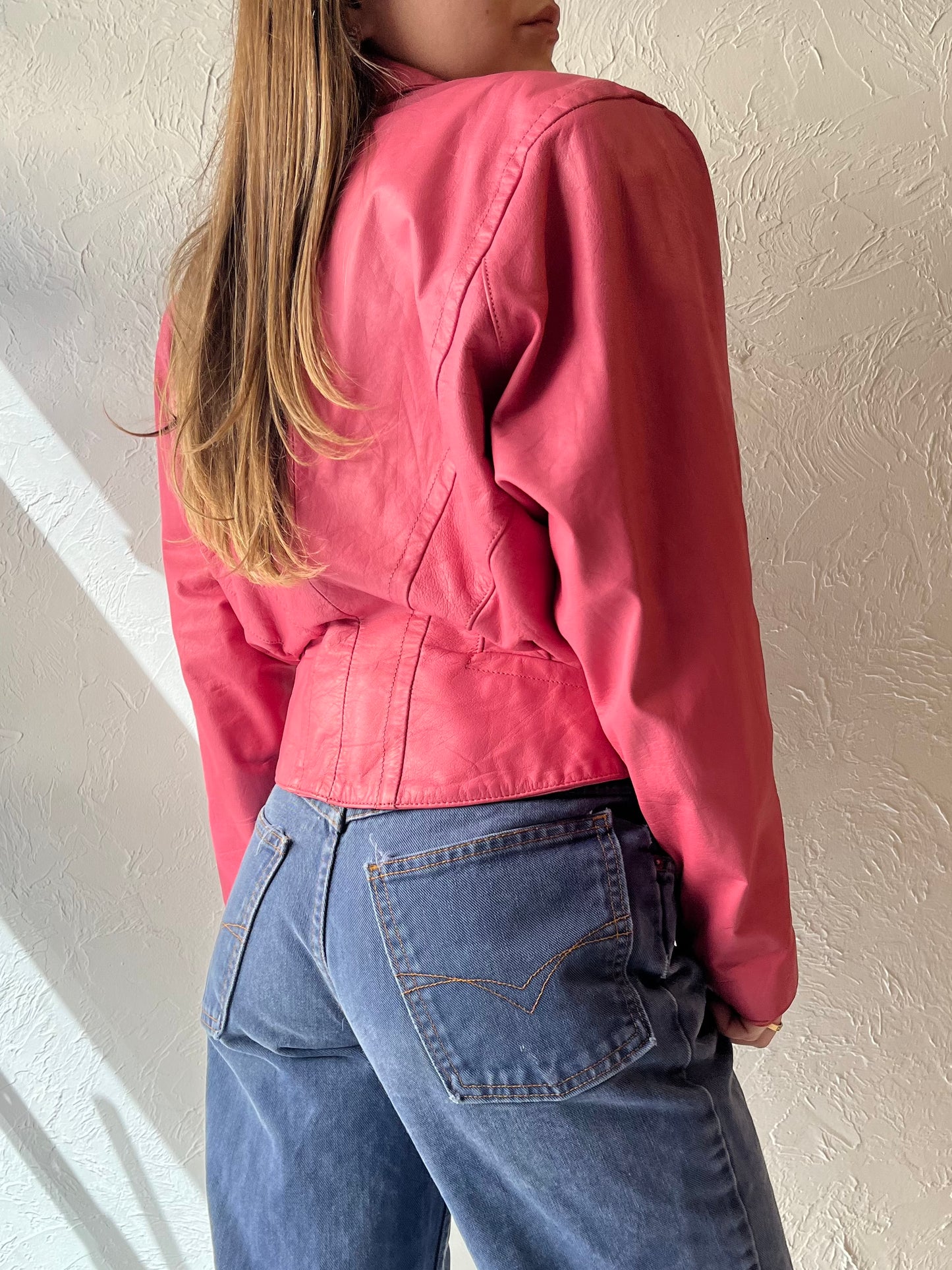 80s 'Chia' Pink Leather Bomber Jacket / Small