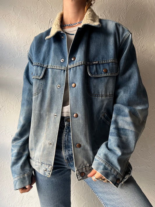 80s 'GWG' Faux Shearing Lined Denim Work Wear Classic Blue Trucker Jacket / Large