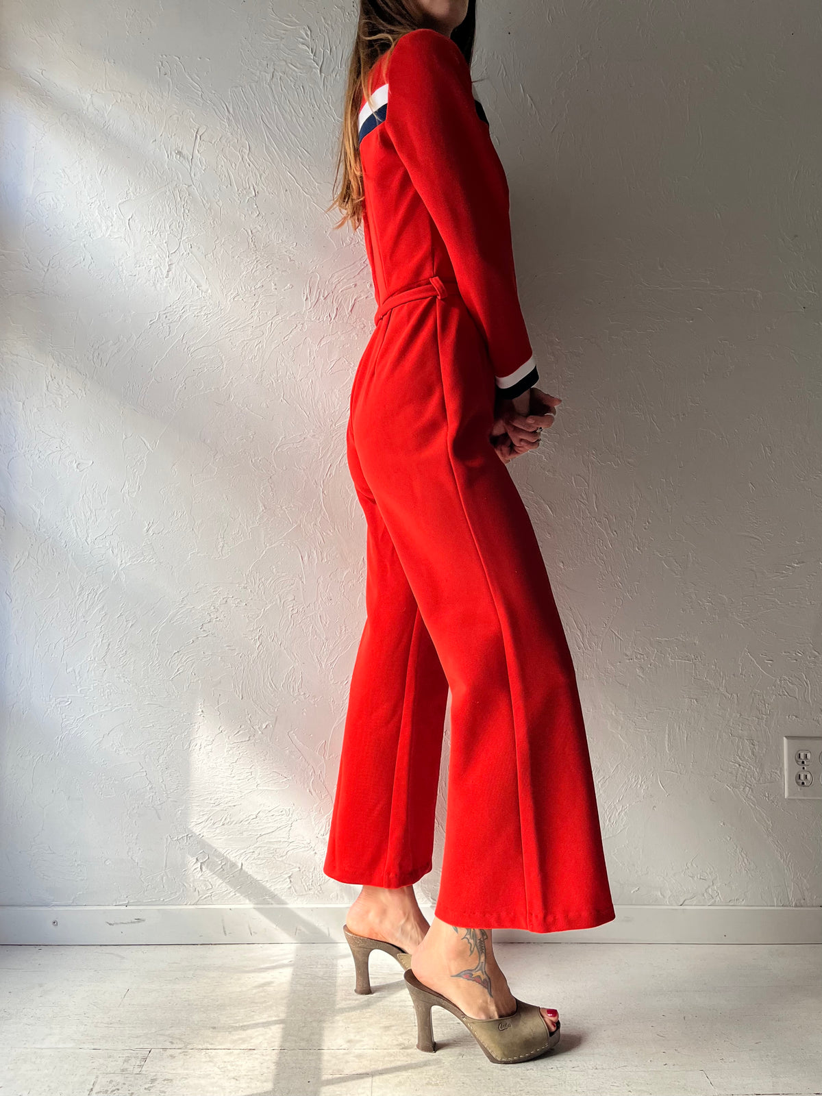 70s Red Long Sleeve Retro Flare Jumpsuit / Small