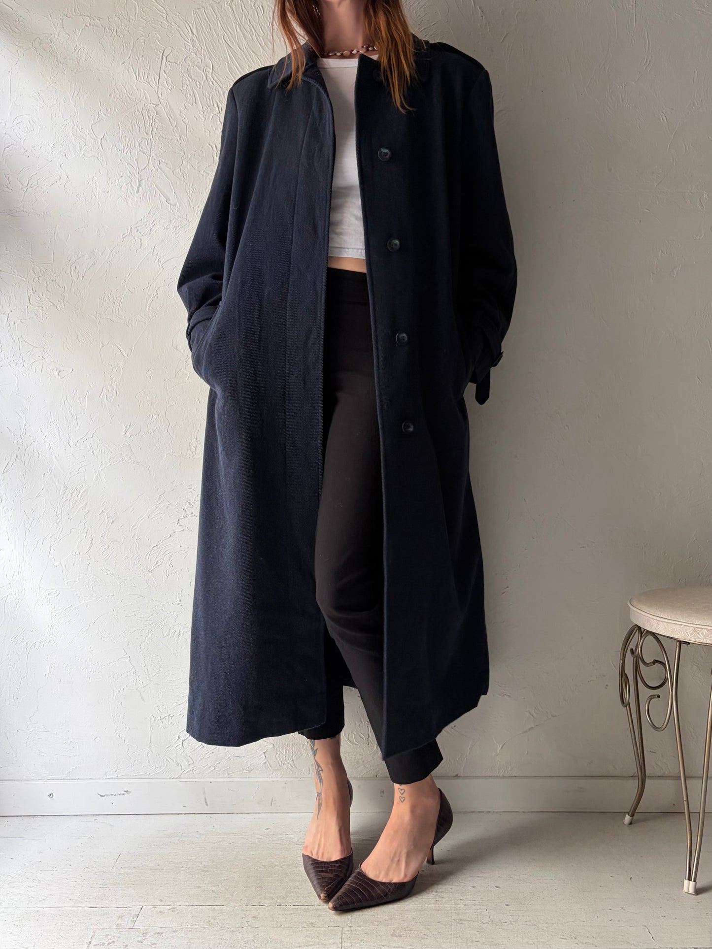 Vintage 'Pendleton' Navy Blue Wool Trench Coat / Medium
