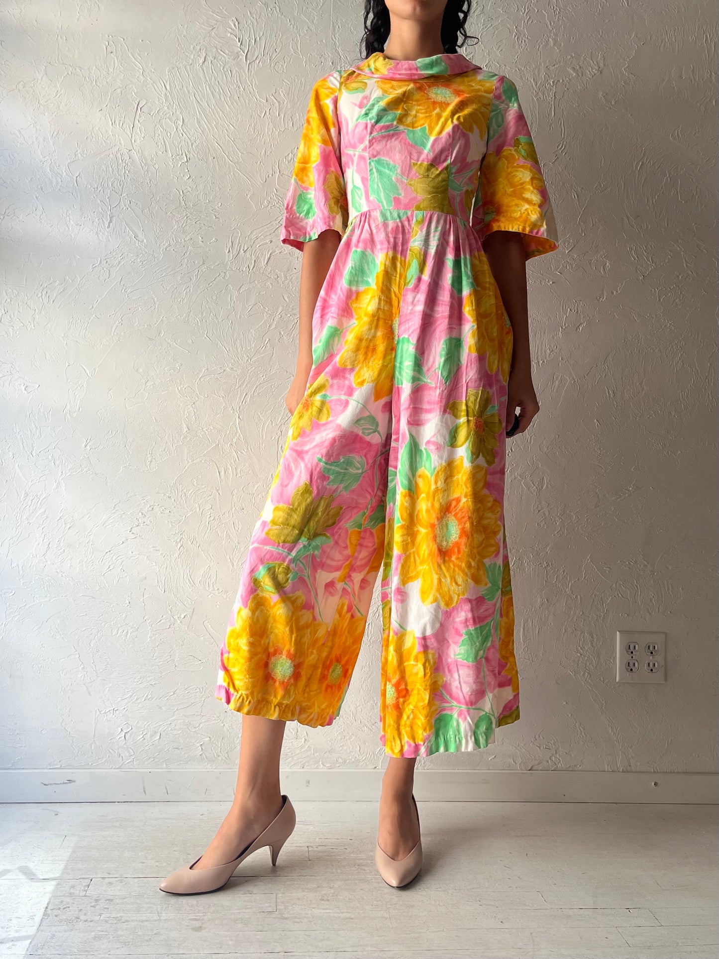 70s Patterned High Neck Wide Leg Retro Jumpsuit / Small