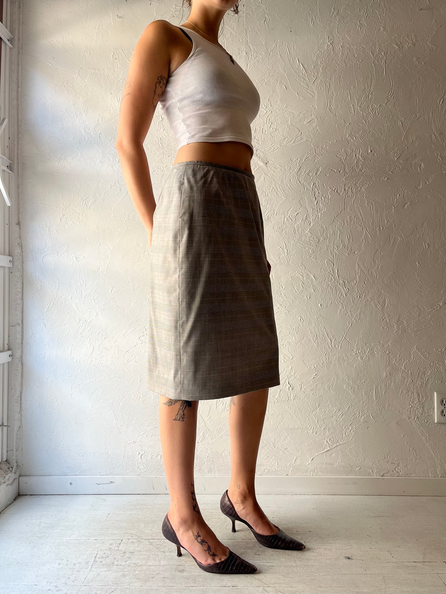 Y2k 'Escada' Grey Plaid Academia Office Wear Pencil Midi Skirt / Medium