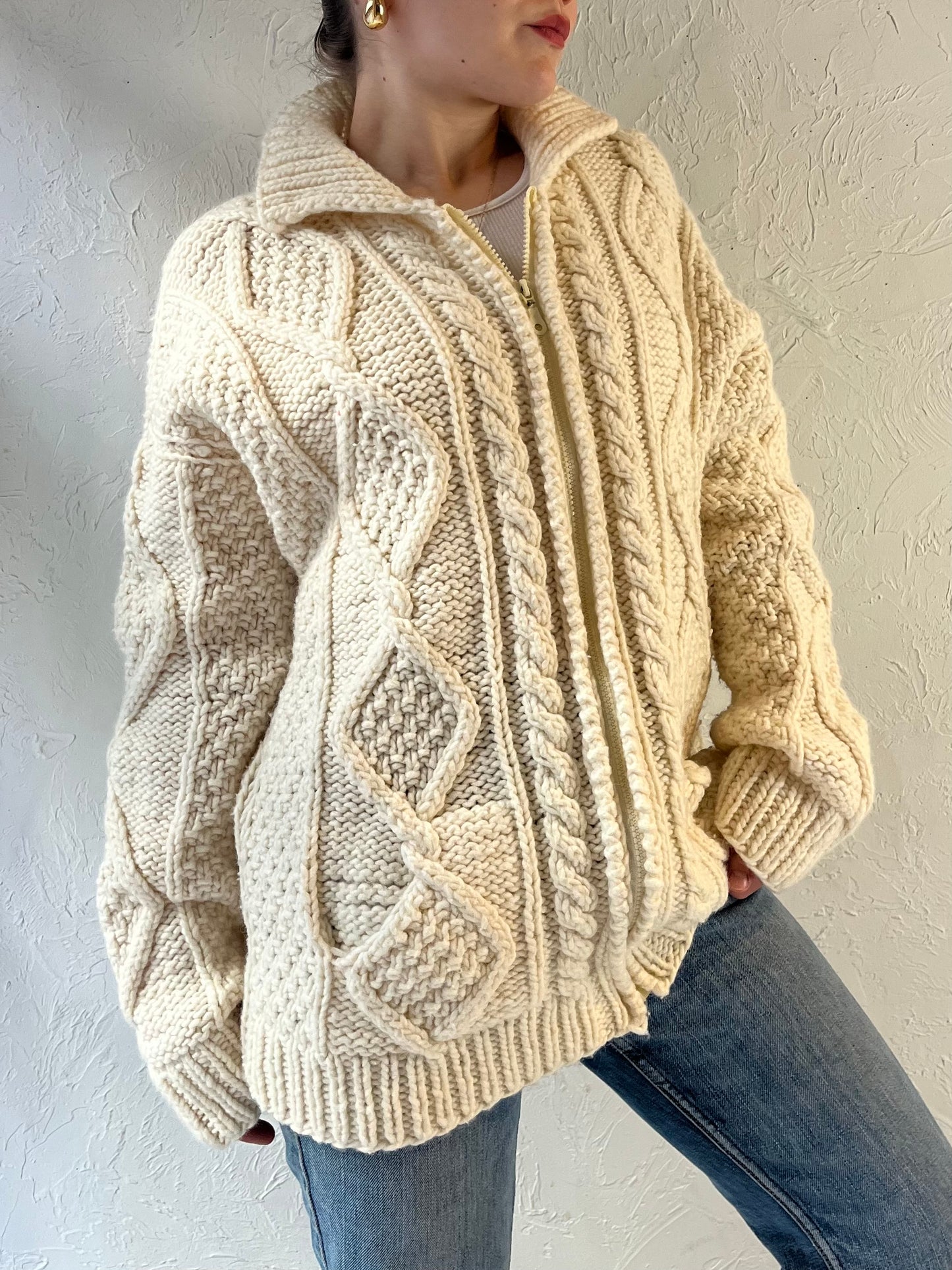 Vintage ‘Atesanias’ Cream Cable Knit Zip Up Sweater / Medium