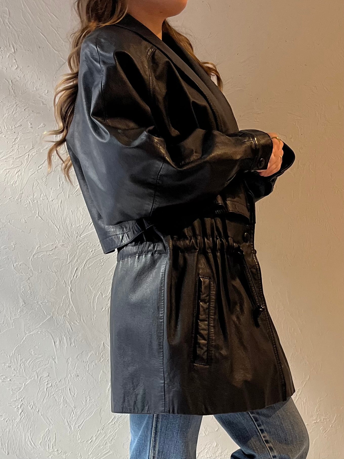 90s 'Wilsons' Black Leather Drawstring Jacket / Medium