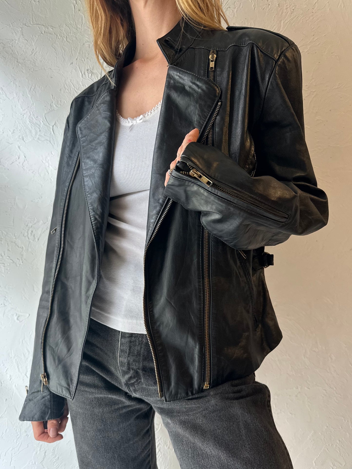 90s ‘Wilsons’ Black Leather Moto Jacket / Medium