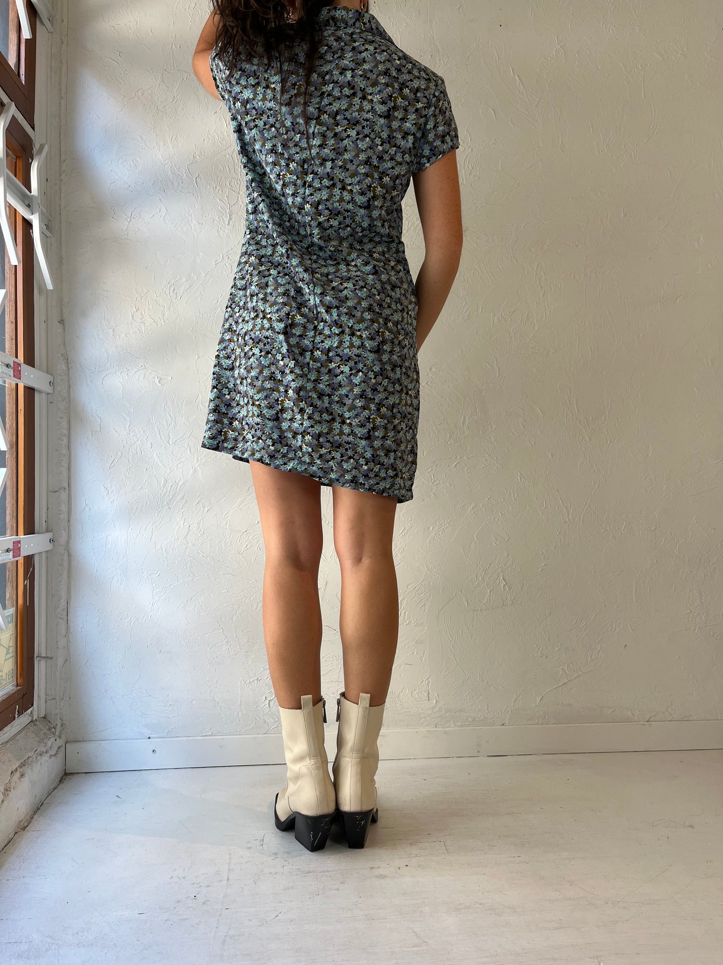 90s 'California Girl' Blue Floral Print Mini Dress / Medium