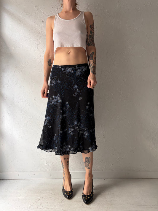 90s 'Sag Harbor' Black Floral Grunge Midi Summer Skirt / Medium