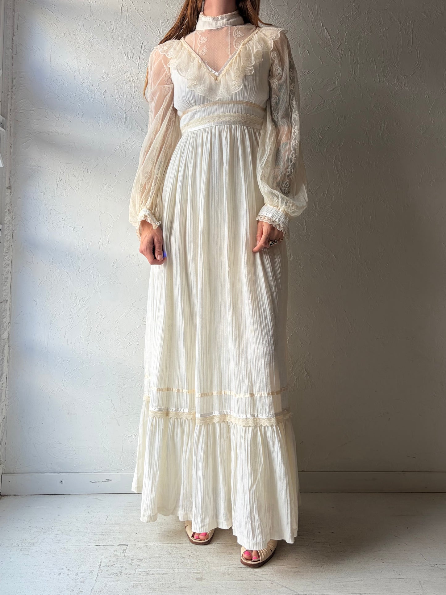 70s Cream Peasant Style Long Sleeve Maxi Dress / Small