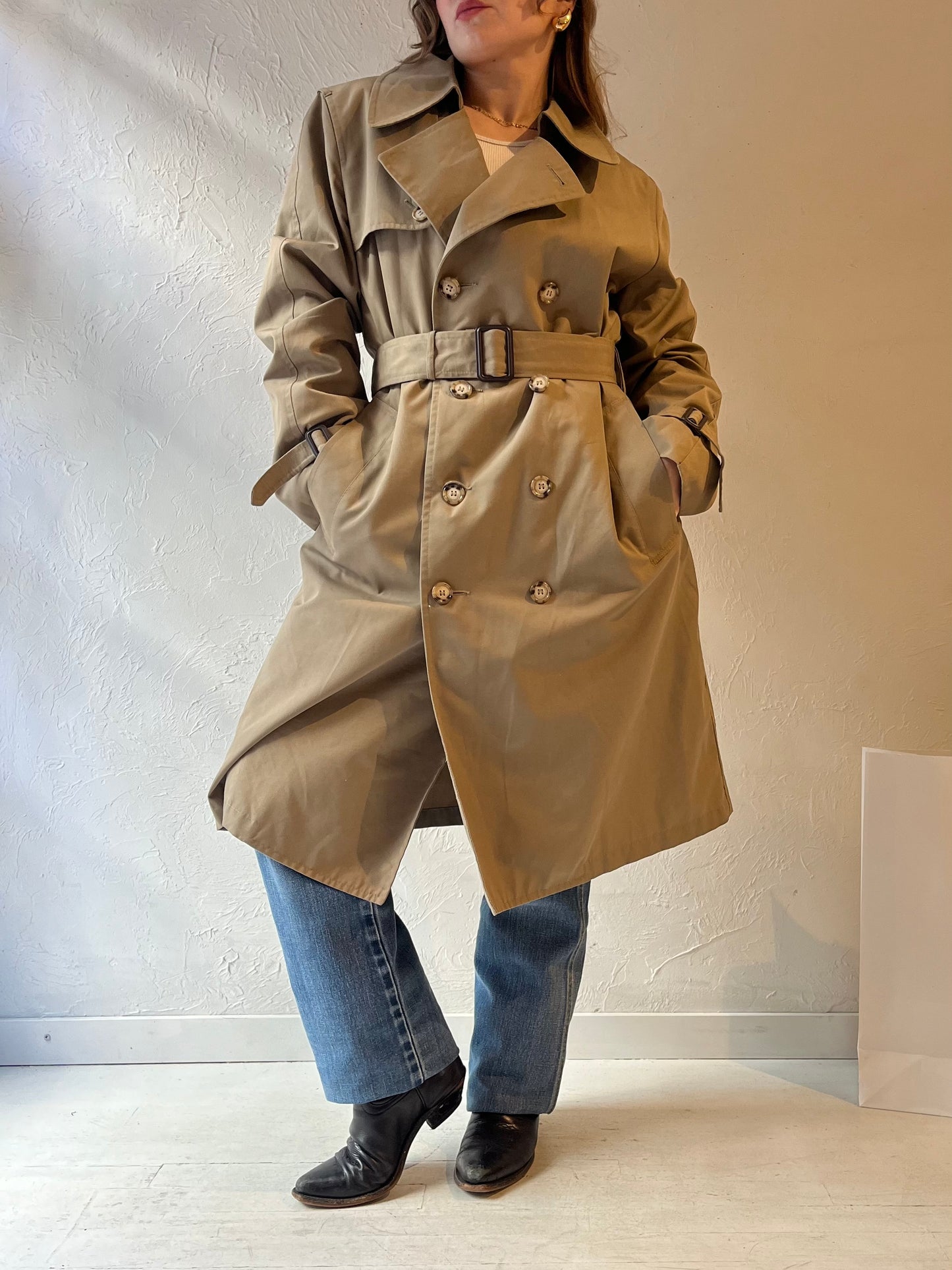 90s 'Clipper Mist London Town' Beige Faux Fur Lined Trench Coat / Medium