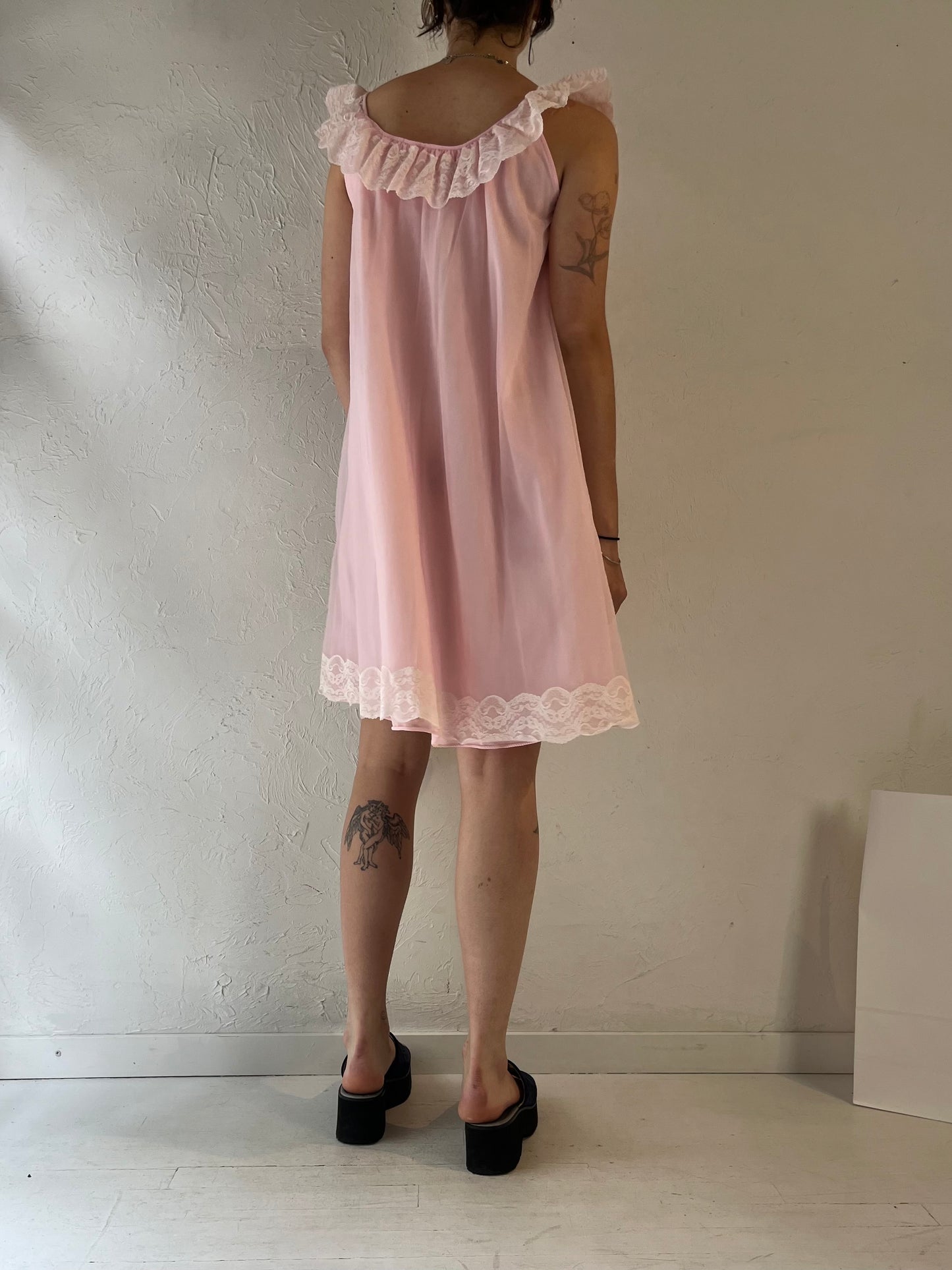 Vintage Pink Lacey Mesh Mini Night Gown / Small