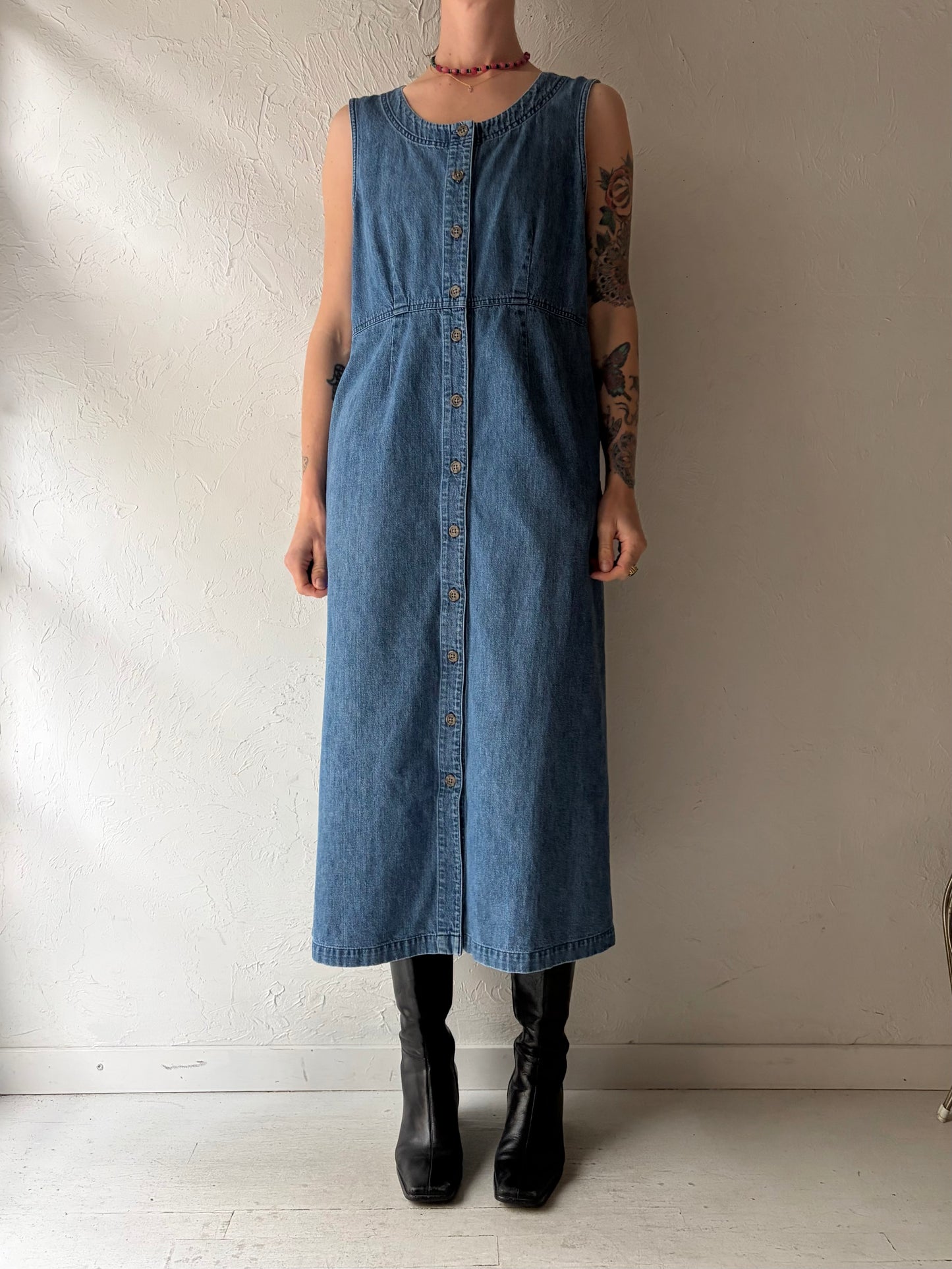 90s 'LL Bean' Vintage Denim Sleeveless Midi Dress / Medium