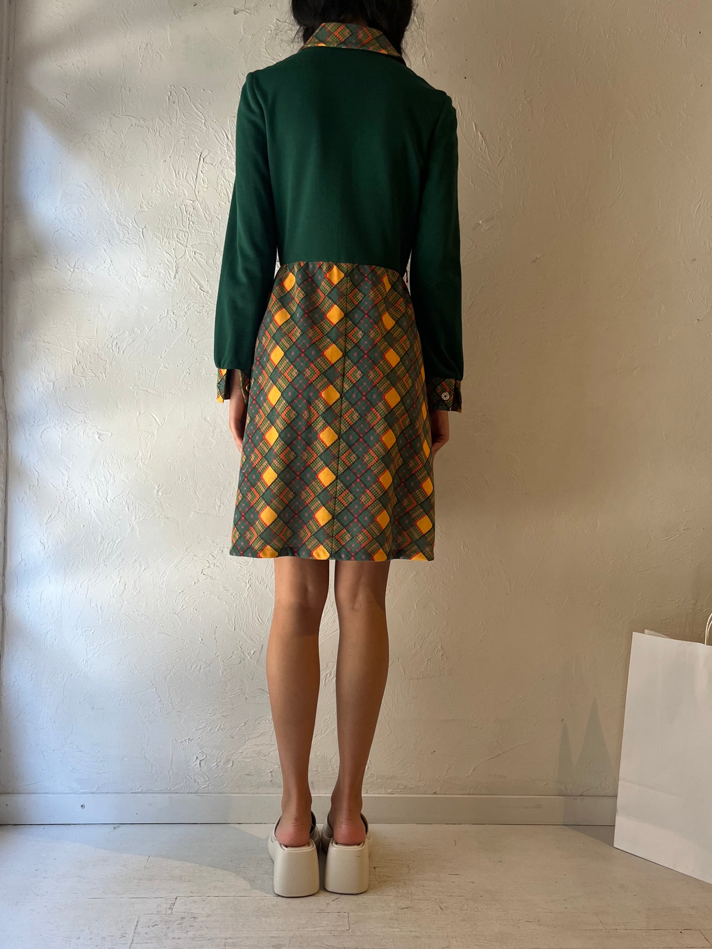 70s 'Pacemaker' Green Long Sleeve Knit Dress / Union Made / Small