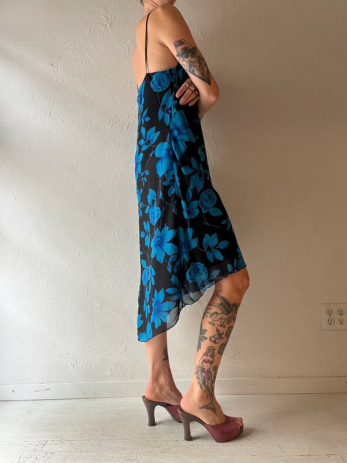 Y2k 'Fairweather' Blue Floral Print Assymetrical Dress / Large